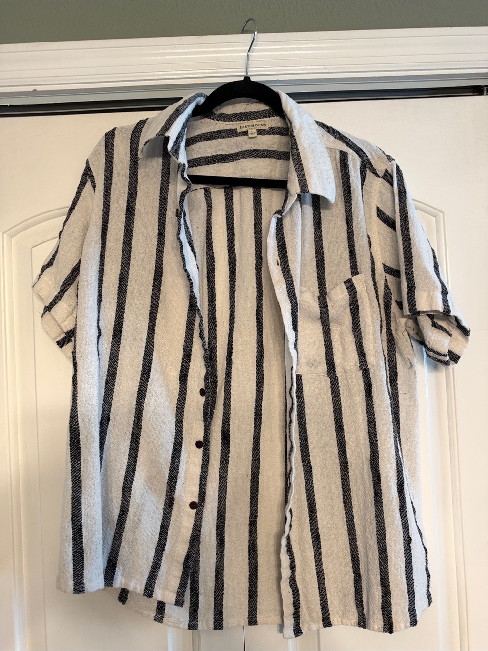 EARTHBOUND Black and White Vertical Stripe Short-Sleeve Button-Up